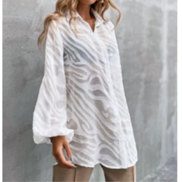 NWOT Zebra Print Semi Sheer Tunic Bishop Sleeve Size Lg - Picture 3 of 12